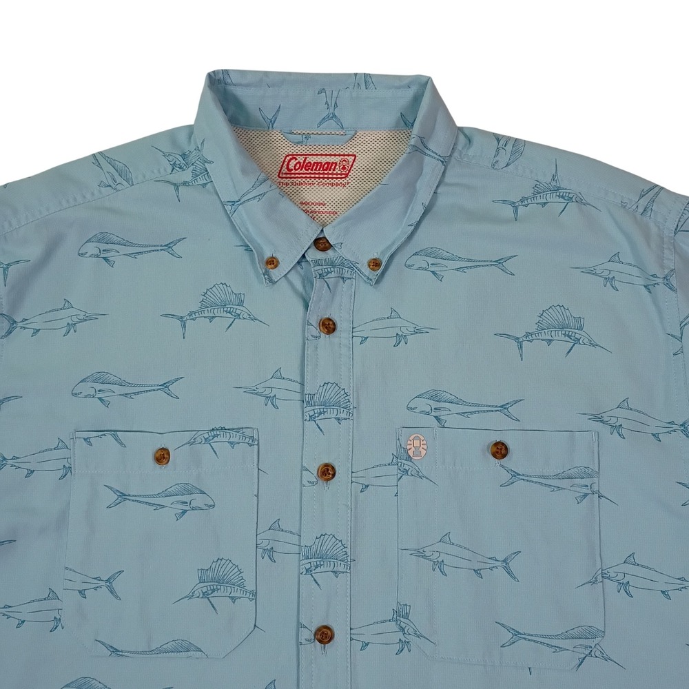 Coleman Mens XL Blue Short Sleeve Fish Print Button Down Fishing Shirt Marlin